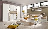 lifestyle4living Schlafzimmer Komplett Set in Eiche Sonoma Dekor und Weiß, 4-teilig | Modernes Komplettset mit Drehtürenschrank, Bett 180x200 LED und 2 Nachtschränken