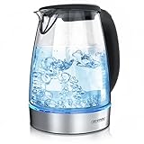 Arendo - Glas Wasserkocher Glasgow – 1,7 Liter – Edelstahl – Kalkfilter – blaue LED Beleuchtung – 360° Basistation - Überhitzungsschutz Trockengehschutz – GS Geprüfte Sicherheit - BPA frei