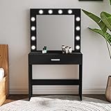 Makika LED Schminktisch Schminkkommode Kosmetiktisch Frisierkommode Frisiertisch Make-Up Tisch Schublade mit Unterlage Spiegel aus Holz mit Stabiler Kippsicherung - Kate
