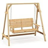 GOPLUS Hollywoodschaukel 2-Sitzer, Gartenschaukel aus Holz mit verstellbaren Metallketten & Getränkehalter, Schaukelbank Hängebank bis 240 kg belastbar, Holzschaukel für Terrasse & Garten & Hinterhof