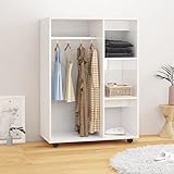 Susany Kleiderschrank mit Offenem Fach 3 seitlichen Ablagen, Kleiderschrank mit Rollen, Garderobenschrank Schlafzimmer Schrank Spanplatte Hochglanz-Weiß 80x40x110 cm