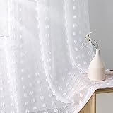 Joywell Weiß Gardinen Wohnzimmer Vorhänge Transparente Voile Sheer Vorhänge Mädchenzimmer Leinenstruktur mit Ösen Pompons Ösenschal Luftig Dekoschal für Schlafzimmer Kinderzimmer 200x140