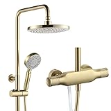 Duschsystem mit Armatur Gebürstetes Gold Duschset Regendusche Wandmontage Duscharmatur Set Höhenverstellbar Regendusche Set mit 23CM Kopfbrause, 3 Strahlarten Handbrause