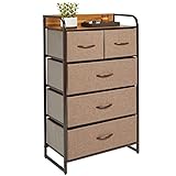 mDesign Kommode mit 5 Schubladen – hoher Schubladenschrank für Schlafzimmer, Wohnzimmer oder Flur – Kleiderkommode aus Metall, MDF und Stoff – braun