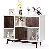 COSTWAY Sideboard aus Kiefernholz, Buffetschrank modern mit 3 Türen, 6 Fächern und 4 Beinen, freistehender Akzentschrank für Wohnzimmer & Schlafzimmer (Weiß+Braun)