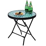 PHI VILLA Klappbar Runder Beistelltisch Glas aus Metall Gartentisch Kaffeetisch Klein Balkontisch wetterfest pflegeleicht für Balkon Garten Terrasse Wohnzimmer