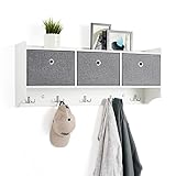 Meerveil Wandgarderobe mit Ablage, Garderobe mit 3 Körben und 5 Haken Holz Mode Stil für Eingang Flur Schlafzimmer Wohnzimmer, B98 x H40 x T22 cm, Weiß