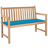 puraday Gartenbank mit Blauer Auflage 120 cm Massivholz Teak Gartenstuhl Holz Garden Bench Garten Holzbank Gartenbank Holz Terassenmöbel Außen Sitzbank Outdoor Loungesessel Outdoor