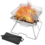 Yakimz Klappgrill Edelstahl, Camping Holzofen Tragbar Holzkohlegrill, Faltbarer BBQ Grill, Standgrill mit Tragetasche, für Picknick Wandern Garten Outdoor Kochen Reisen