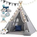 Spielwerk® Spielzelt Kinder Lichterkette 2,5cm Spielmatte 3 Kissen Baumwolle Tragetasche Kinderzimmer Tipi Spielzelt Höhle Spielzeug 120x120x160cm Grau