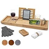 TEMPLE SPRING - Badewannenablage Bambus mit Kerzen-, Weinglas-, Buch-, Tablet-, iPad- und Telefonhalter. Badewannentablett ausziehbar, Badewannenablage Holz, Bathtub Tray 100% Bambus (Naturholz)