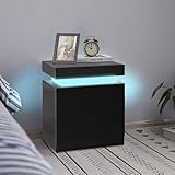 LEMROE Nachttisch mit LED Beleuchtung Nachtkommode Hochglanz Nachtschrank,16 Farben Beleuchtung 2 Hochglanz Schubladen, Nachtkommode mit1 Klappdeckel, Beistelltisch (Black)