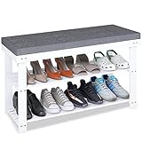 SMIBUY Schuhbank, Bambus Schuhablage mit Kissen, Schuhschrank mit Bank, Schuhablage mit 3 Fächern, Stabiles Standregal ideal für Eingangsbereich, Bad, Wohnzimmer, Flur, weiß