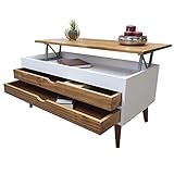 LoMasCasa - Hochklappbarer Couchtisch, Modell Luzia 5, mit zwei Schubladen, in Weiß und Holz, Nussbaum, Maße 100 x 50 x 47 cm