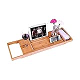 Bamboe Badkuip Caddy Bad Tub Tray met Verlengde Pagina 's Gericht in Book Tablet Houder Mobiele Telefoon Tray & Geïntegreerde Wijnglazen houder en andere Accessoires plaatsing