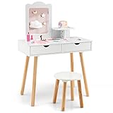 DREAMADE 2 in 1 Kinder Schminktisch mit Hocker und Abnehmbarer Spiegel, Prinzessin Frisiertisch mit Schublade Kosmetiktisch aus Holz, Kinderschminktisch für mädchen