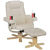 FineBuy Fernsehsessel mit Getränkehalter | TV Sessel drehbar mit Hocker | Relaxsessel Beige aus Kunstleder mit Armlehnen | Stuhl mit Fernbedienungshalter | Sessel mit Handyhalter