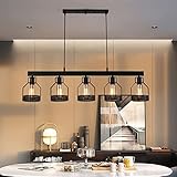 EMISOO Retro Industrie Pendelleuchte E27 * 5 Esstisch Hängelampe Höhenverstellbar Esszimmerleuchten Eichenbrett Wohnzimmer Schwarzer Eisenkäfig Kronleuchter Café Küche Leuchte Insel Bar Beleuchtung