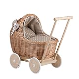 Puppenwagen aus Weide mit Bettwäsche - perfekte Geschenkidee - Korbpuppenwagen, schöner Spielzeug aus Korbgeflecht (Beige)