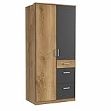 lifestyle4living Kleiderschrank, Planken-Eiche Dekor, Graphit-Grau, 90cm | Drehtürenschrank mit 2 Türen, 3 Schubladen, 1 Kleiderstange, 3 Einlegeböden im modernen Stil