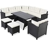 Casaria Polyrattan Ecklounge WPC Esstisch Eckbank 2 Hocker 1 Sessel 15cm Kissen 7cm Auflagen Wetterfest Outdoor Garten Sitzgruppe Lounge Gartenmöbel Set