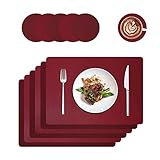 Tischsets und Untersetzer Aus Leder,Platzsets Abwaschbar,Tischdeko,Eckige Platzdeckchen,Platzset Abwischbar,PU Kunstleder Hitzebeständig Platzmatten für Küche Speisetisch,6er-Set(Weinrot)
