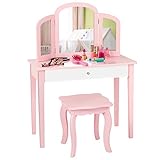 COSTWAY Kinder 2 in 1 Schminktisch Set, Frisiertisch mit dreifach klappbarem Spiegel & Schublade, Prinzessinnen Kosmetiktisch mit Schminkhocker, Schminkkommode Kindertisch für Kinder Mädchen (Rosa)