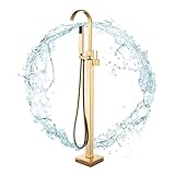 Rozin Gold Freistehende Armatur Badewanne Wasserhahn 2 Griffe 360°Drehen Auslauf mit Handbrause 150cm Schlauch Badezimmerarmatur Wannenarmaturen