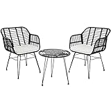 tectake 800802 Rattan Sitzgruppe für 2 Personen, 3-tlg. Bistroset, Balkonset mit 2 Stühlen + Tisch, kleine Lounge für Garten Balkon Terrasse, inkl. Sitzkissen - diverse Farben - (Schwarz | Nr. 403557)