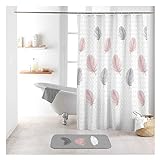 Sanixa Duschvorhang Textil 180x200 cm Federn weiß rosa grau wasserabweisend waschbar Badewannenvorhang Vorhang hochwertige Qualität mit Ringen Metallösen