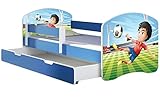 ACMA Kinderbett Jugendbett mit Einer Schublade und Matratze Blau mit Rausfallschutz Lattenrost II 140x70 160x80 180x80 (13 Fußballer, 180x80 + Bettkasten)