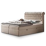 Boxspringbett mit Bettkasten Chester Webstoff, mit Topper, Hotelbett, 7 Zonen Taschenfederkern-Matratze, Lieferung und Aufbau KOSTENLOS (Beige, 160x200 cm mit Topper)