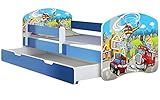 ACMA Kinderbett Jugendbett mit Einer Schublade und Matratze Blau mit Rausfallschutz Lattenrost II 140x70 160x80 180x80 (36 Feuerwehr, 180x80 + Bettkasten)