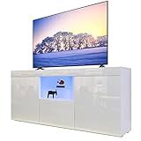 Dripex TV Lowboard Fernsehtisch Board TV Schrank mit LED Beleuchtung Weiß Hochglanz mit Türen und Klappe, 135x70x35 cm