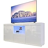 Dripex TV Lowboard Fernsehtisch Board TV Schrank mit LED Beleuchtung Weiß Hochglanz mit Türen und Klappe, 135x70x35 cm