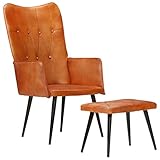 JUNZAI Ohrensessel mit Hocker, Lesesessel, Sessel Wohnzimmer, Relax Sessel, Sessel Schlafzimmer, Sessel Jugendzimmer, Sofasessel, Hellbraun Echtleder