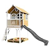 AXI Spielhaus Sarah mit Sandkasten & Grauer Rutsche | Stelzenhaus in Braun & Weiß aus FSC Holz für Kinder | Spielturm mit Wellenrutsche für den Garten
