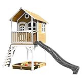 AXI Spielhaus Sarah mit Sandkasten & Grauer Rutsche | Stelzenhaus in Braun & Weiß aus FSC Holz für Kinder | Spielturm mit Wellenrutsche für den Garten