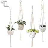 4er Set Makramee Blumenampel Pflanzenaufhänger, Blumenampeln Zum Aufhängen, Boho Deko Baumwollseil Hängeampel Blumentopf Pflanzen Halter Aufhänger für Innen Außen Decken Balkone Wanddekoration (Beige)