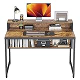 Cubiker Schreibtisch, Computertisch mit Ablageregal und Bücherregal, 120 x 60 x 88 cm klein Pc Gaming Tisch, Bürotisch fürs Büro Wohnzimmer, Industrie-Design, Stabil Stahlgestell schreibtische, Braun