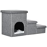 PawHut Hundetreppe, 3 Stufige Katzentreppe mit Höhle, Haustiertreppe mit Stauraum, Kissen, 3-in-1 Haustierrampe, bis 10 kg Belastbar, für Sofa, Bett, Leinen, Hellgrau