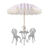 LefeDa 180cm Rosa Sonnenschirm Strand Neigbarer Gartenschirm Mit Quasten Balkon Sonnenschutz Uv Schutz Sonnenschirm Holz Portable Windfest Mit Aufbewahrungstasche Für Balkon Garten Terrasse Strand