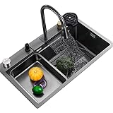Küchenspüle Aus Edelstahl Einbauküche, Haushaltsgeschirr Wasserfalldusche Aufsatz-/Unterbauwaschbecken Mit Ausziehbarem Wasserhahn ( Color : Nero , S : 68*46*22cm )