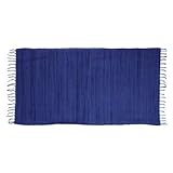 Relaxdays Flickenteppich blau 70 x 140 cm mit Fransen 100 % Baumwolle, einfarbig, Fleckerlteppich, dunkelblau