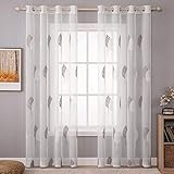 MIULEE Vorhänge mit Grau und Weiß Blätter Muster, Schöne Stickerei Vorhang Transparent, Dekoration Ösen Gardinen Für Wohnzimmer, 2er Set Modern Schlafzimmer Vorhänge, Jeder H 245 X B 140cm