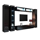 Wohnwand VIGO VI Anbauwand Modernes Wohnzimmer Set, Mediawand, Glasvitrine, Hängeschrank TV-Schrank (mit Blauer LED Beleuchtung, Schwarz/Schwarz Hochglanz)