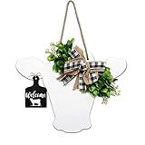 weemoment Willkommens-Kranz-Schild Kuhkopf, Holz-Waden-Haustür-Aufhänger, Buffalo Plaid Jute-Schleife und künstliche Blätter, Outdoor Indoor Dekoratives Türschild