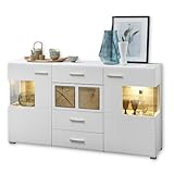 Stella Trading Fun Plus Sideboard weiss mit schönen Hirnholz-Applikationen - Moderne Kommode inkl. LED Beleuchtung - 170 x 94 x 42 cm (B/H/T)