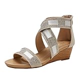 Sandalen Damen Sommer mit Absatz Weiß Elegant Flip Flops Freizeitsandale mit Strass Boho Damensandalen Ortopädicheschuhe Bohemia Schuhe Slipper Sommer Damenschuhe Römersandalen für Frauen