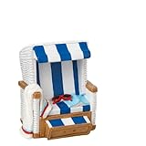 wunderschöne Urlaubskasse,Reisekasse Spardose Strandkorb blau/weiß mit Handtuch/Sonnenbrille mit Gummipfropfen handbemalt